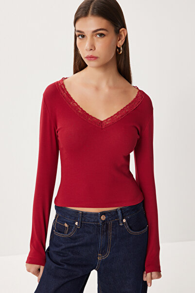 Lovelyİstanbul Lace Detailed Knitted Blouse Lub0312 Bordo