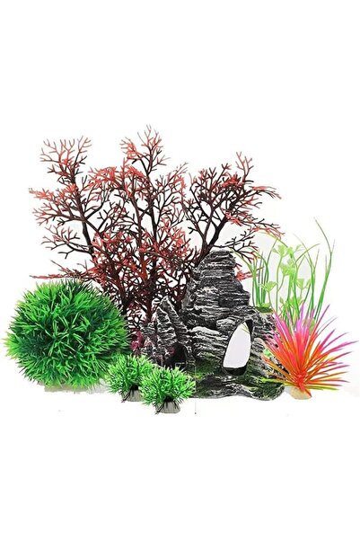 genernic مجموعة ديكورات حوض السمك البلاستيكية، 7 قطع - نباتات وصخور الكهف، مت...