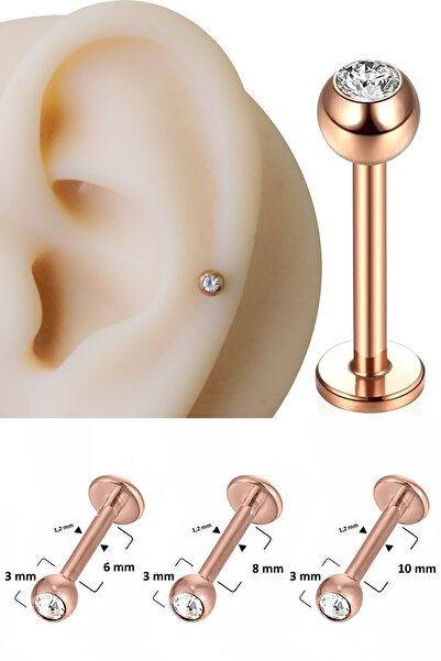 Cadının Dükkanı 316L Çelik 3mm Taşlı Rose Flatback Piercing-Tragus Dudak Kıkırdak Conch,Rengi Atmaz
