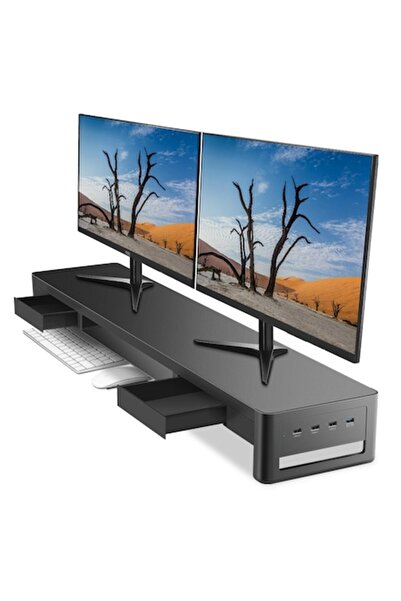 meatanty Βάση για 2 οθόνες, οργανωτής γραφείου με 2 συρτάρια και 4 θύρες USB,...