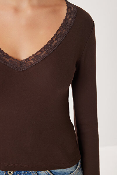 Lovelyİstanbul Lace Detailed Knitted Blouse Lub0312 Brown