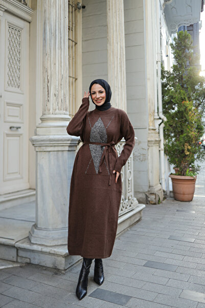 NEW DAĞ Simli Ekose Desenli Triko Elibise