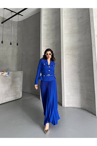 SUXİRCNHTMTS Γυναικείο Σετ Μίνι Φούστα με Πλισέ & Μπλέιζερ με Ζώνη - Τάση Συνδυασμού