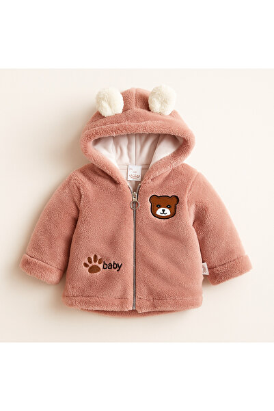 Uğur bebe Powder pink lined plush baby cardigan with bear embroidery – soft and warm