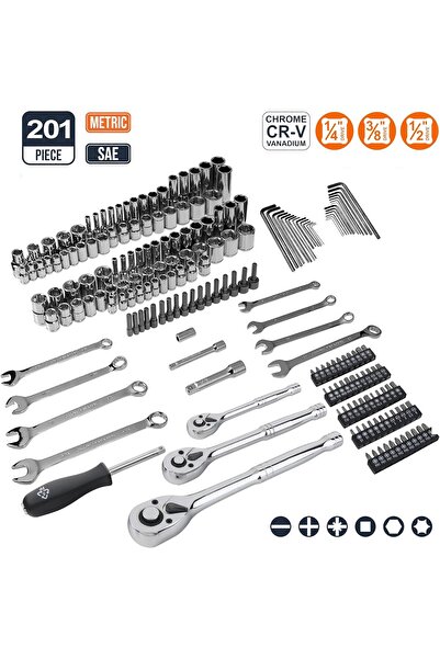 Amazon basics مجموعة مقابس ميكانيكية مكونة من 201 قطعة مع حقيبة