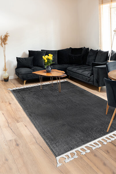 Dijidekor Plush Fringed Carpet Dark Gray Color Erasable 150X220