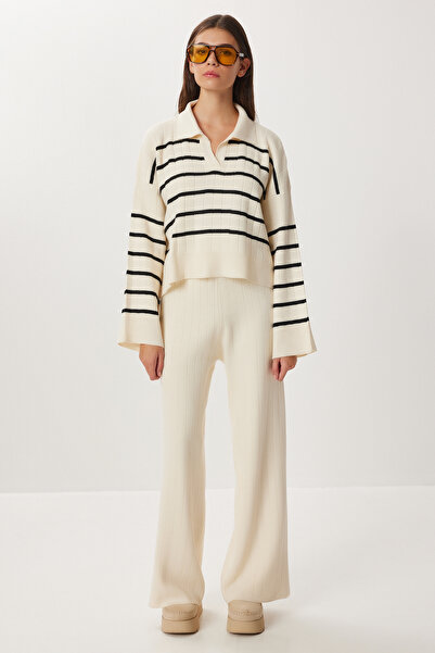 Lovelyİstanbul Set pantaloni pulover tricotat cu dungi LCI0054 BLACK BONE