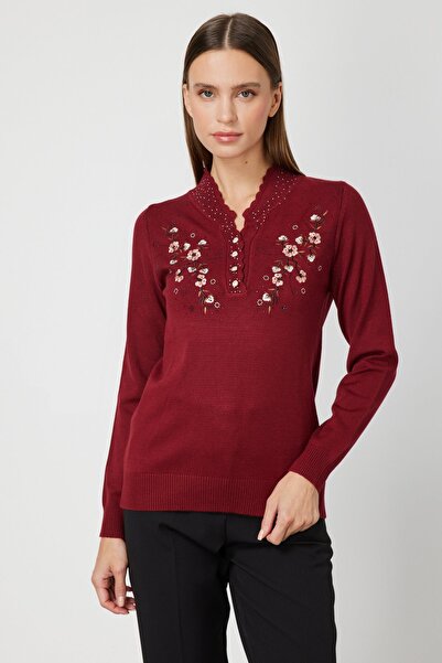 ON Pulover tricotat cu decolteu în V cu broderie florală