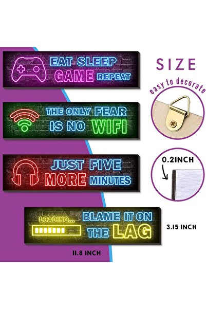 Generic Printed Neon Gaming Wall Art - Wooden 4-Piece Multi-Color Signs for Boys' Rooms