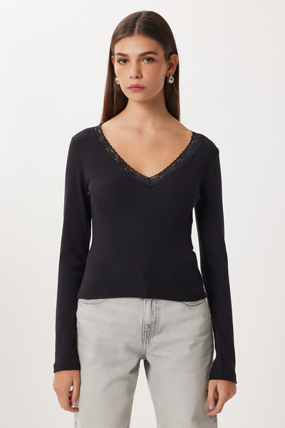 Lovelyİstanbul Lace Detailed Knitted Blouse Lub0312 Black