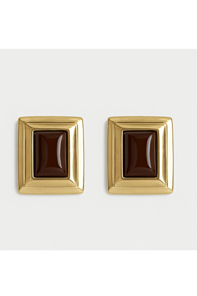 Retro Kahverengi Taşlı Dikdörtgen Çelik Küpe 3 cm - 14K Altın Kaplama