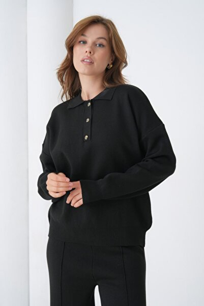 Noi Belis Oversized Premium Yarn Half Placket Button Polo Neck Knitwear Bottom-Top Set Aw25Au0029