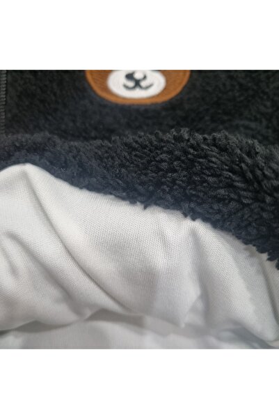 Uğur bebe Black lined plush baby cardigan with Hooded bear embroidery – soft and warm