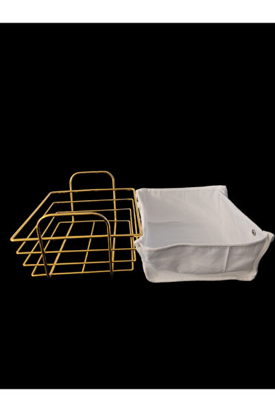 OEM Rectangular gold metal bread and pastry basket with white removable cover, 26 x 19 cm
