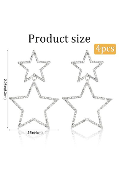 PEUTIER - Large Star Earrings with Rhinestones, Silver, Up to 5.3 cm, Set of 2 Pairs
