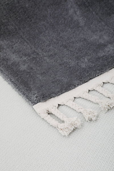Dijidekor Plush Fringed Carpet Dark Gray Color Erasable 160X200