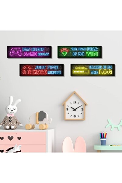 Generic Printed Neon Gaming Wall Art - Wooden 4-Piece Multi-Color Signs for Boys' Rooms