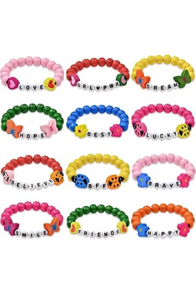 Tacobear Colorful bracelet set for girls, Tacobear, 12 pieces, wooden, butterfly and heart design, multicolor