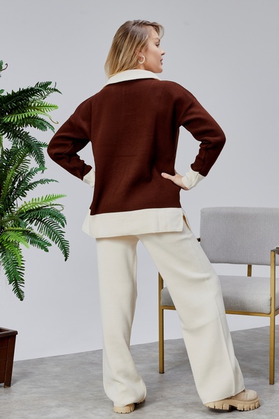 Jinx Wear Fashion Double Color Paneled Zipper Collar Wide Comfortable Oversized Acrylic Women's 2-Piece Knitwear Set