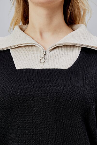 Jinx Wear Fashion Double Color Paneled Zipper Collar Wide Comfortable Oversized Acrylic Women's 2-Piece Knitwear Set