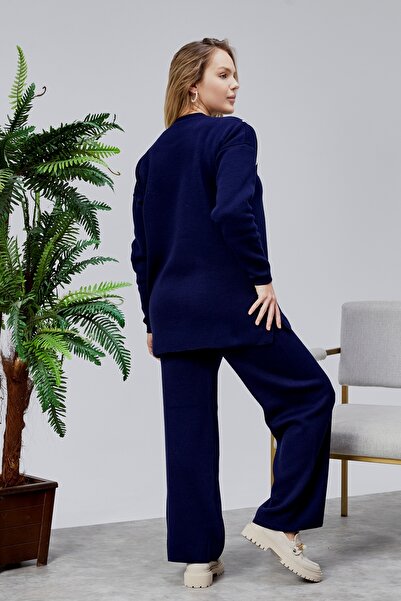 Jinx Wear Fashion Shoulder Leaf Lace Pearl Detail Women's 2-Piece Acrylic Women's Knitwear Set