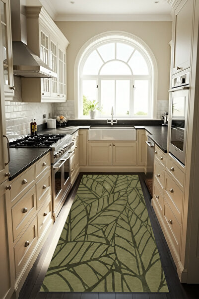 Etnik Dekor Yaprak Desenli Kaymaz Taban Makinede Kolay Yıkanabilir Silinebili...