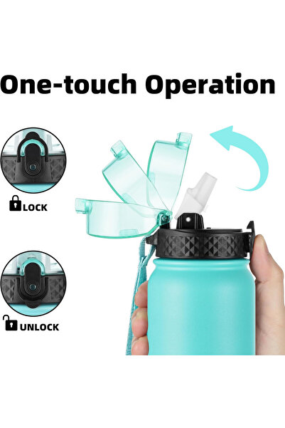 OEM OLDLEY Water Bottle, 1000 ml, with Straw and Cap, Stainless Steel, Green-Blue Color