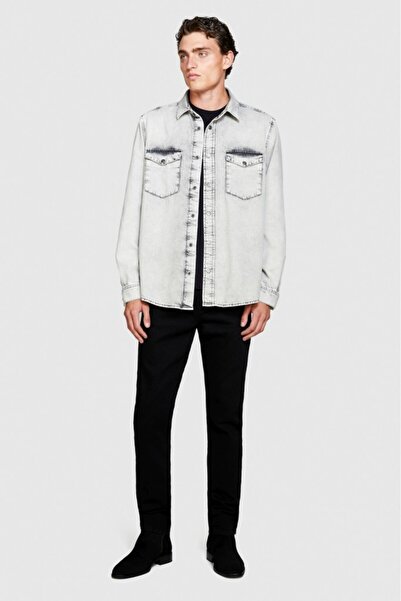 Sisley 100% Cotton Vintage Look Denim Shirt Men's Navy Blue Shirt - 323A5Tkysq039