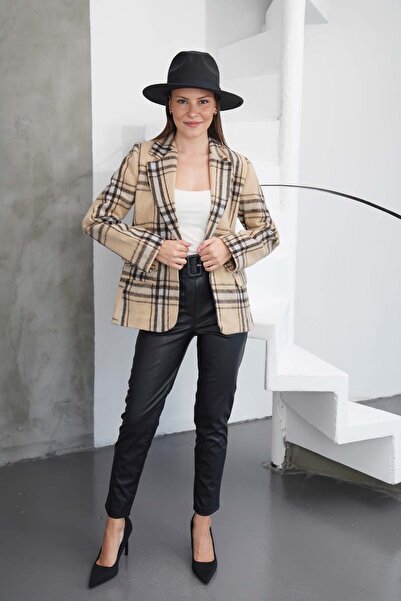 Papillon Tekstil Bej Kadın Ekose Desenli Tek Düğme Kaşe Ceket