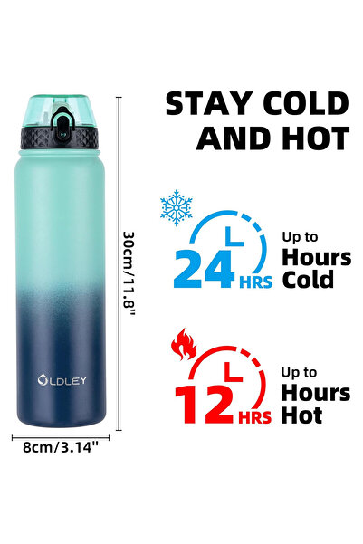OEM OLDLEY Water Bottle, 1000 ml, with Straw and Cap, Stainless Steel, Green-Blue Color