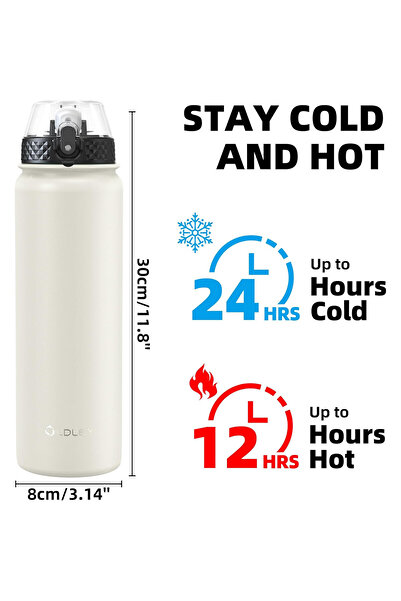 OEM OLDLEY Water Bottle, 1000 ml, with Straw and Cap, Stainless Steel, White