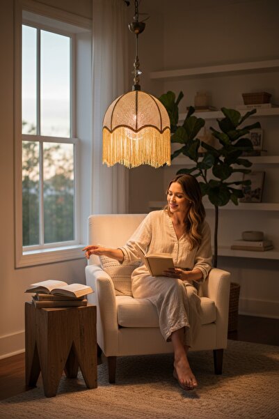 Göksu Lighting Retro Vintage Rattan Püsküllü Sarkıt Avize - Salon Oturma Odası