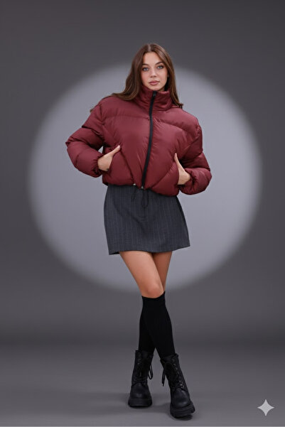 CIQULATA Kadın Yeni Sezon Çapraz Dikişli Kışlık Mont Lastik Detaylı Crop