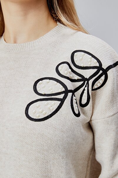 Jinx Wear Fashion Shoulder Leaf Lace Pearl Detail Women's 2-Piece Acrylic Women's Knitwear Set