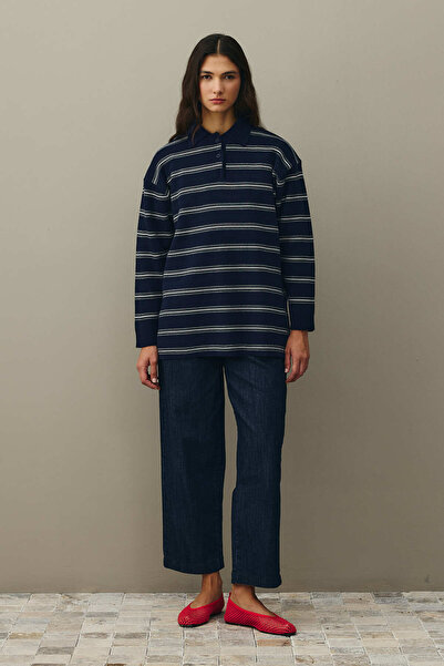 Fahhar Polo Yaka Çizgili Kazak Lacivert
