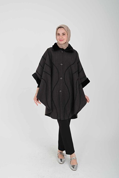 ipekton studio Kadın Çelik Örme Nakışlı Standart Beden Panço