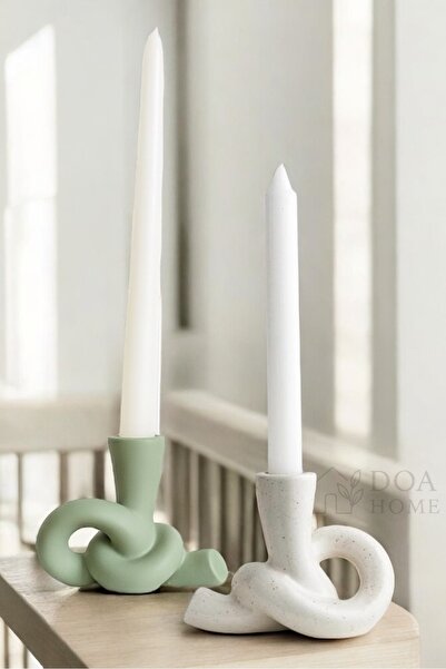 DOAHOMECONCEPT Düğüm İskandinav Tarz Şamdan Mumluk Seti Adaçayı yeşili-Bej