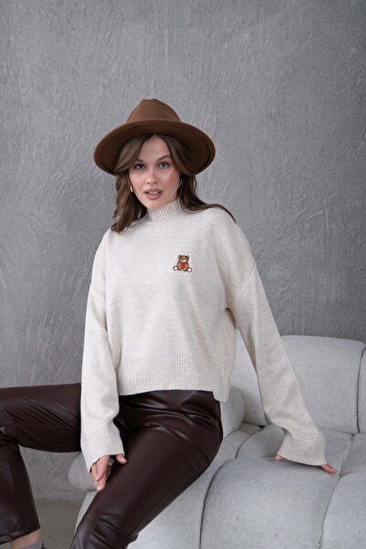 Noi Belis Oversized Teddy Bear Detailed Mock Neck Knitwear Sweater Aw25Kz0073