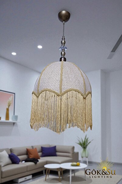 Göksu Lighting Retro Vintage Rattan Püsküllü Sarkıt Avize - Salon Oturma Odası