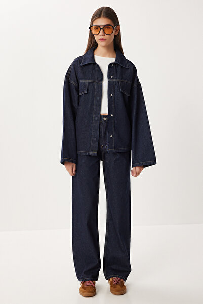 Lovelyİstanbul Kuşaklı Denim Ceket Pantolon Takım LRI0020 KOYU MAVİ