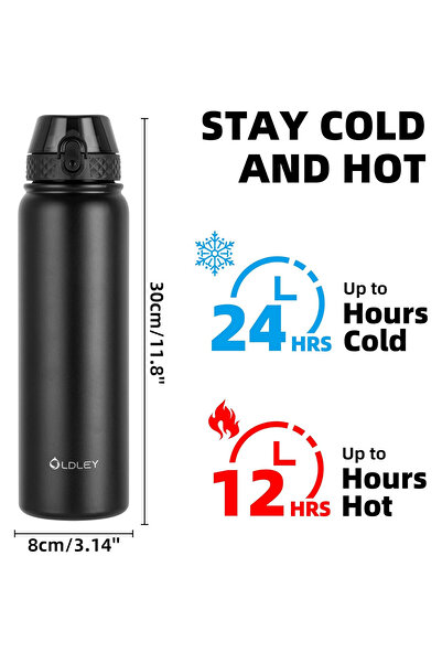 OEM OLDLEY Water Bottle, 1000 ml, with Straw and Lid, Stainless Steel, Black