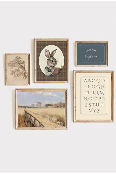 Kids Vintage Kitap okuyan Tavşan ve Alfabeli Çerçeveli Poster Set