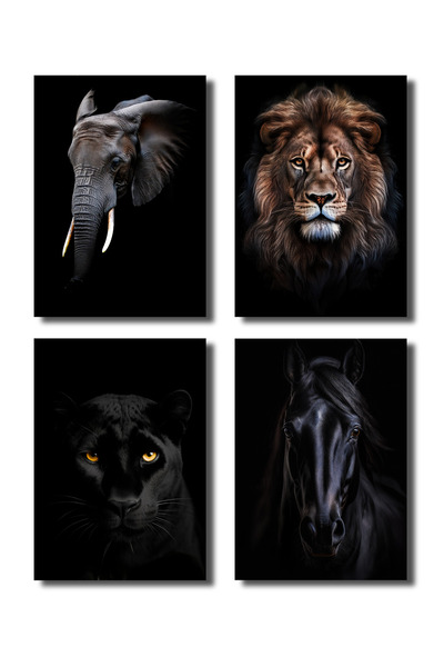 Rosaart Çerçevesiz Poster,4'lü Hayvan Posterleri Aslan,Panter,Fil,At Dijital ...