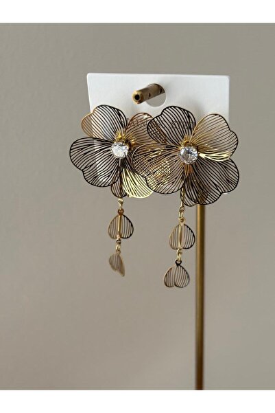 marsel aksesuar Flower Model Thin Plate Stone and Heart Detail Dangle Gold Steel Earrings
