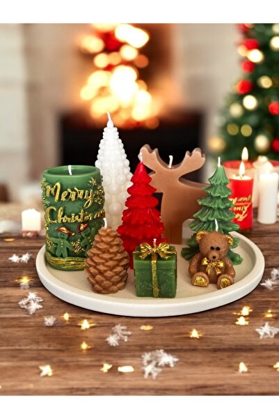 magnocandles Yılbaşı 9’lu Mum Seti Geyik, çam ağacı,ayıcık,hediyekuyusu,sütun mum,kozalak ,tabak