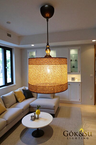 Göksu Lighting Kontrast Dokulu Silindir - Modern Rustik Hasır Örgü Sarkıt Avize