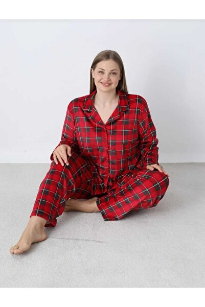 Estiva Plaid Soft Velvet Plus Size Front Button Pajama Set
