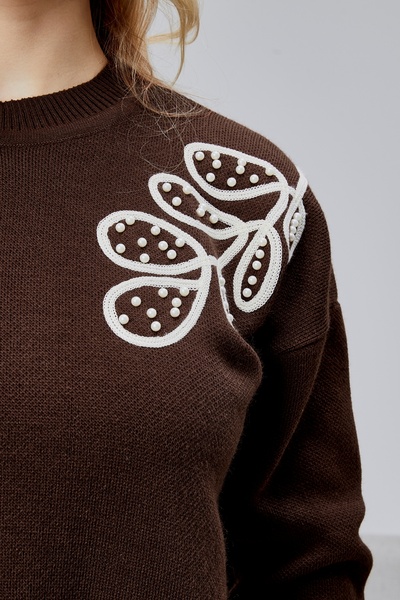 Jinx Wear Fashion Shoulder Leaf Lace Pearl Detail Women's 2-Piece Acrylic Women's Knitwear Set