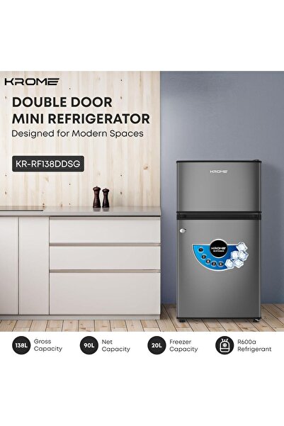 Krome 138L Gross 90L Net Double Door Refrigerator | Direct Cool | Top Mount Freezer | Glass Shelves