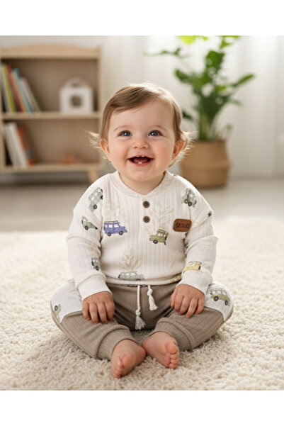 Asliva fashion Asliva Safari Patterned Ribbed 100% Cotton Unisex Baby Set (3-12 Months)